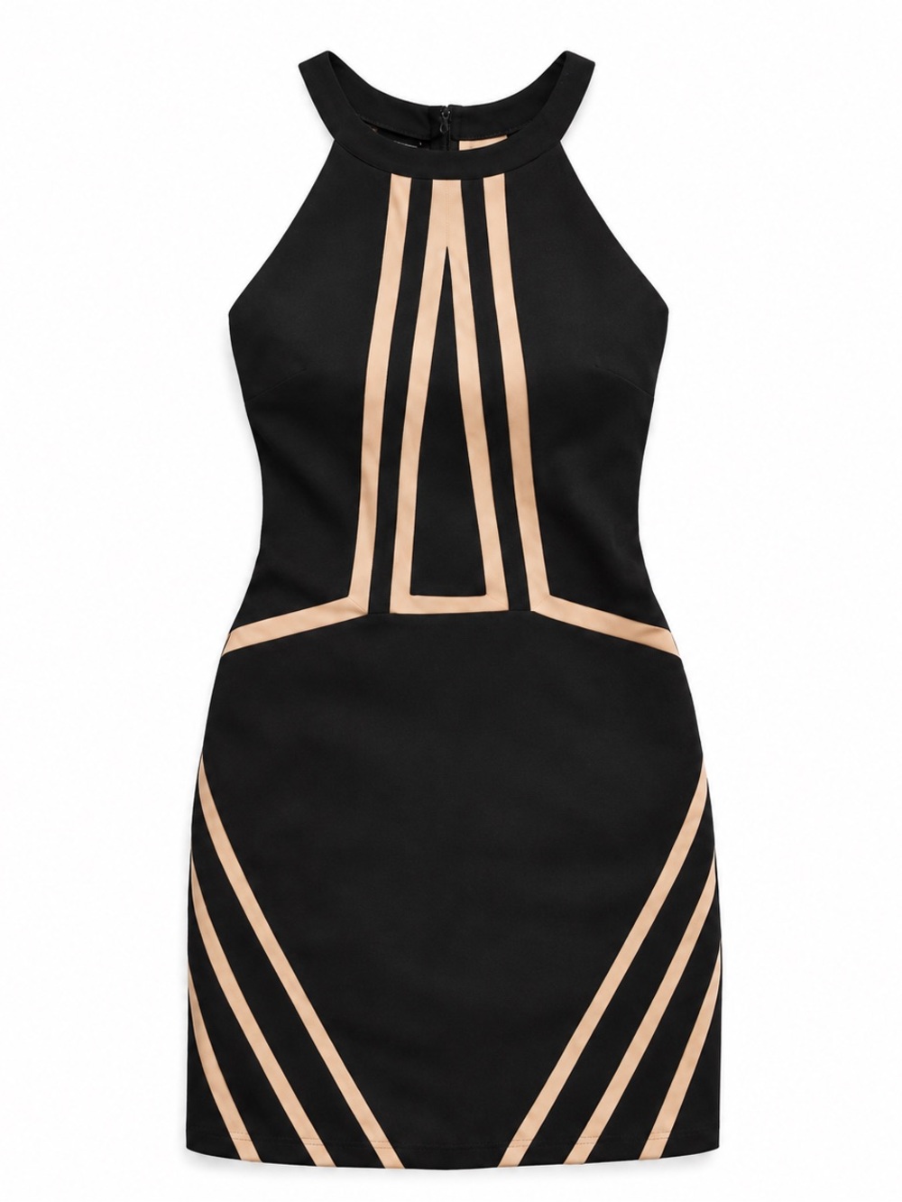 Black Tan Bodycon Halter Mini Dress Colorblock Cocktail Club Luxe Women Sz 2